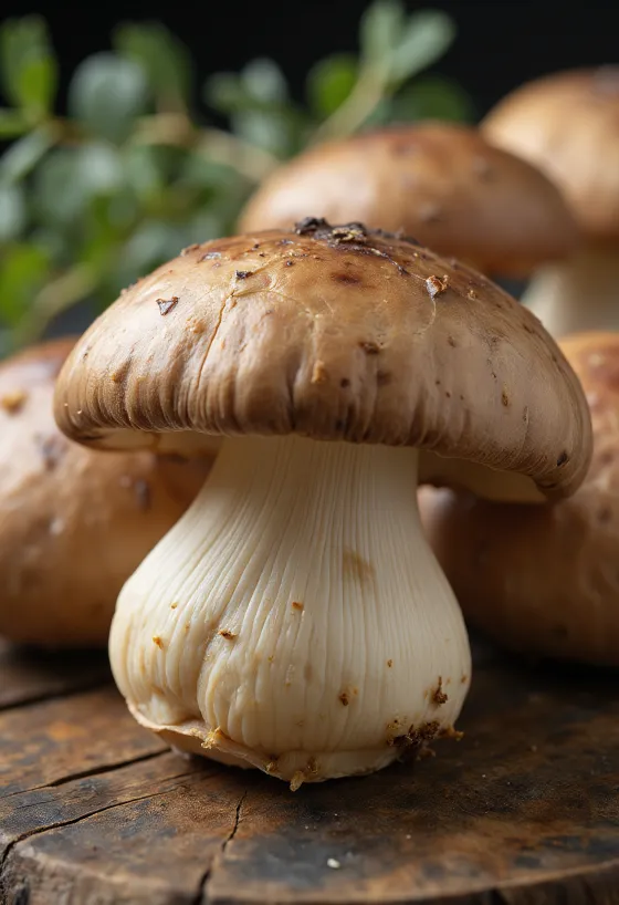 Sveže šitake gobe na bambusovi deski s sojino omako in ingverjem
