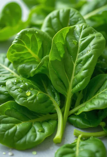 Sveži listi špinače na deski za rezanje v naravni svetlobi