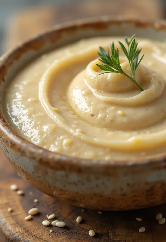Kremasta tahini pasta v skledi, zraven sezamova semena
