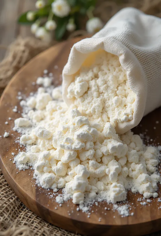 Fina tapiokina moka v skledi in na žlici, na svetli površini