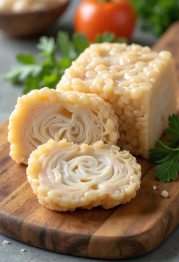 Narezani koščki tempeha na leseni površini, pečen tempeh na krožniku