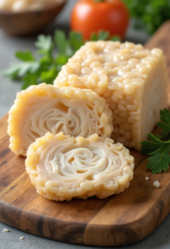 Narezani koščki tempeha na leseni površini, pečen tempeh na krožniku