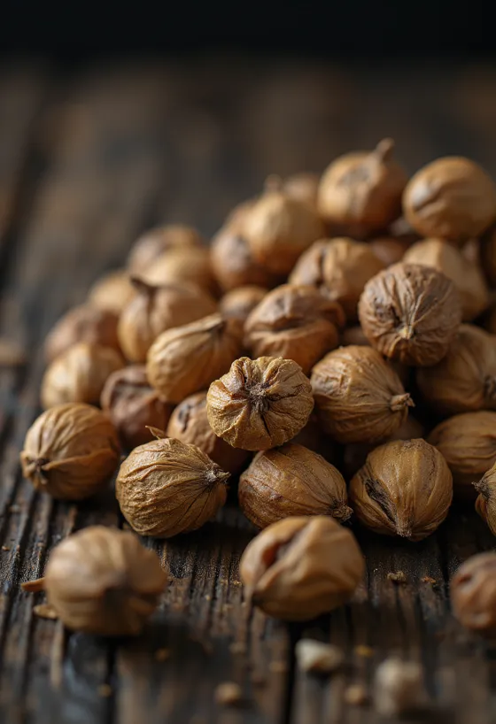 Oluščeni tigrasti oreščki (chufa) v kupčku na belem ozadju, v naravnem stanju