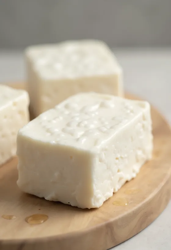 Sveže kocke tofuja ob soji in sojinem mleku na leseni deski