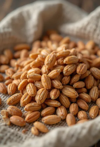 Pirina zrna v rustikalni keramični skledi, raztresena po leseni površini