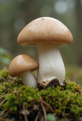 Sveži jurčki v gozdnem kuhinjskem okolju, na leseni mizi