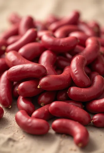 Fotorealističen fižol češnjevec v keramični skledi in na kuhalnici na rustikalni mizi