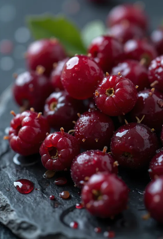 Sveže brusnice v keramični skledi in na mizi, z listi in marmelado