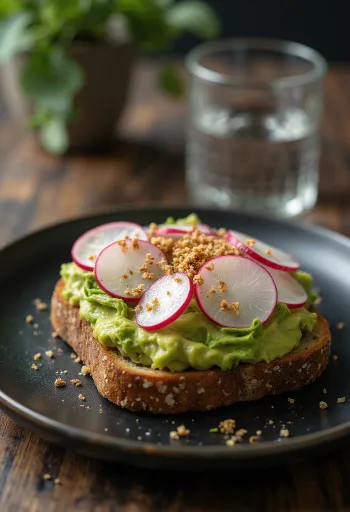 Smørrebrød z avokadom in redkvico, postrežen s sveže opečenim rženim kruhom