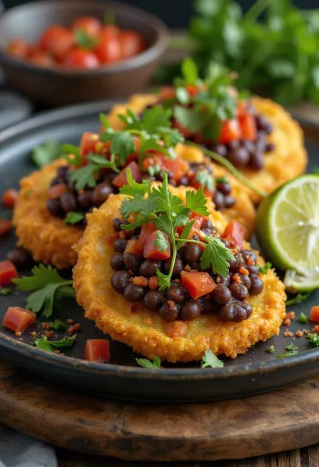 Tostón s fižolom, popečen kruh s fižolom, okrašen z limeto in koriandrom