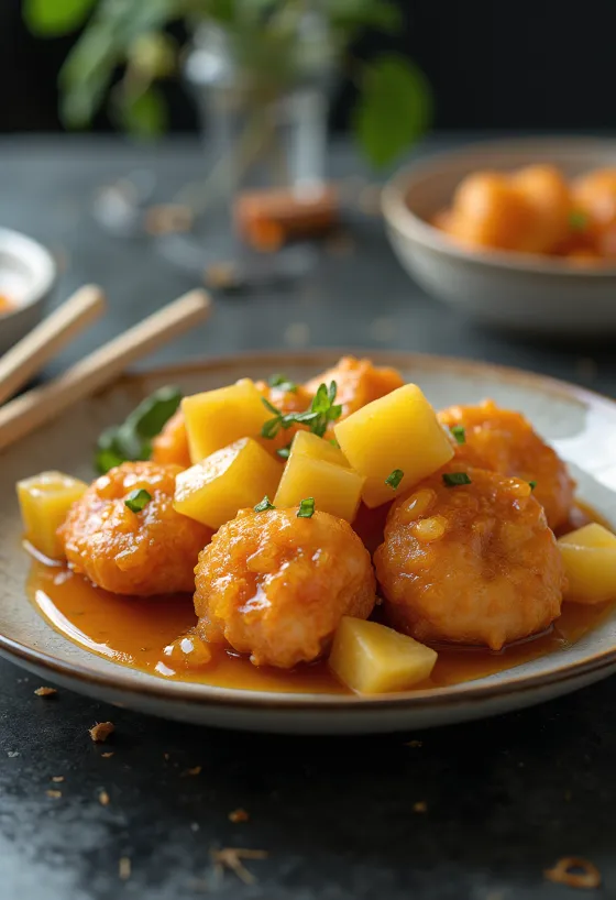 Ananasov tangsuyuk, postrežen s hrustljavim mesom in svežo zelenjavo.