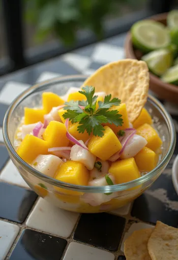 Ceviche con mango, mešanica sveže ribe in manga z limeto in koriandrom