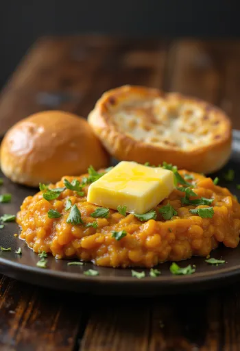 Pav Bhaji z maslom, postrežen s hrustljavo žemljo in svežim koriandrom