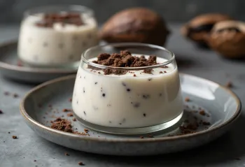 Panna cotta s kakavovimi zrni servirana