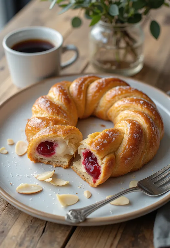 Postrežen Kringle z višnjevo-mandljevim nadevom