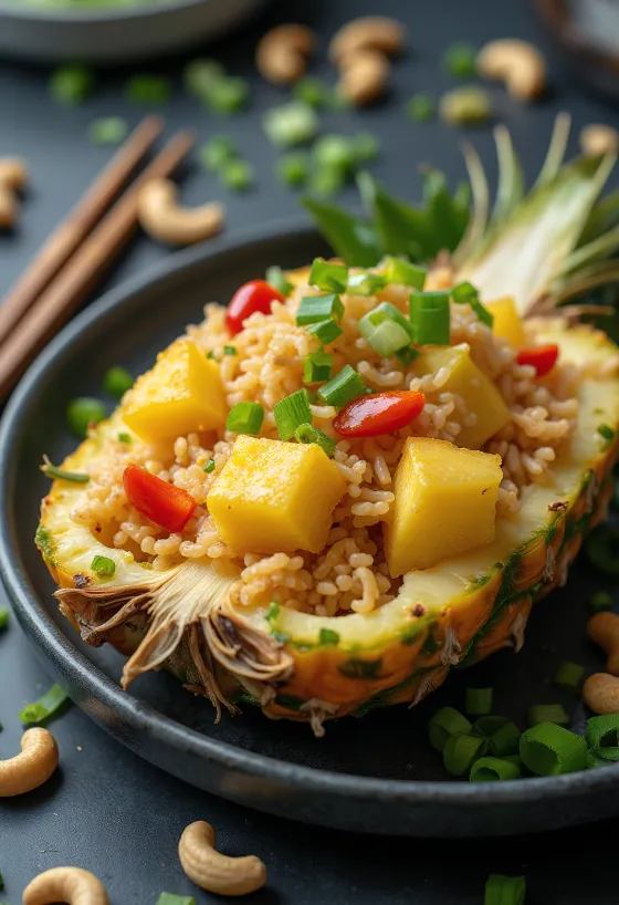 Postrežen pečen riž z ananasom