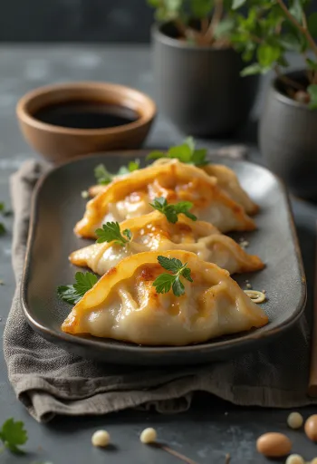 Gyoza cmoki s sojino omako, okrašeni s svežo mlado čebulo