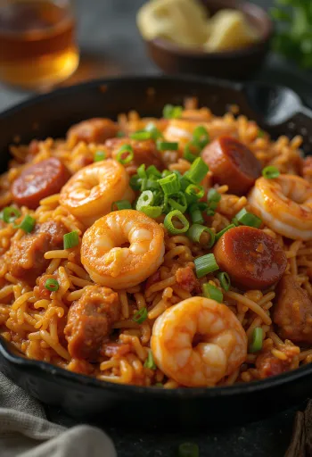 Jambalaya, postrežena s klobaso in kozicami