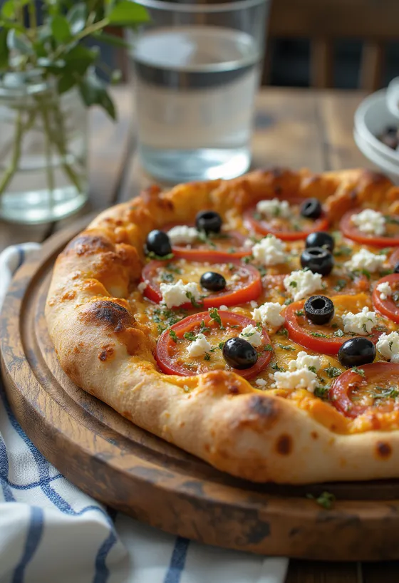 Pizza Greca s feta sirom, črnimi olivami in svežim paradižnikom