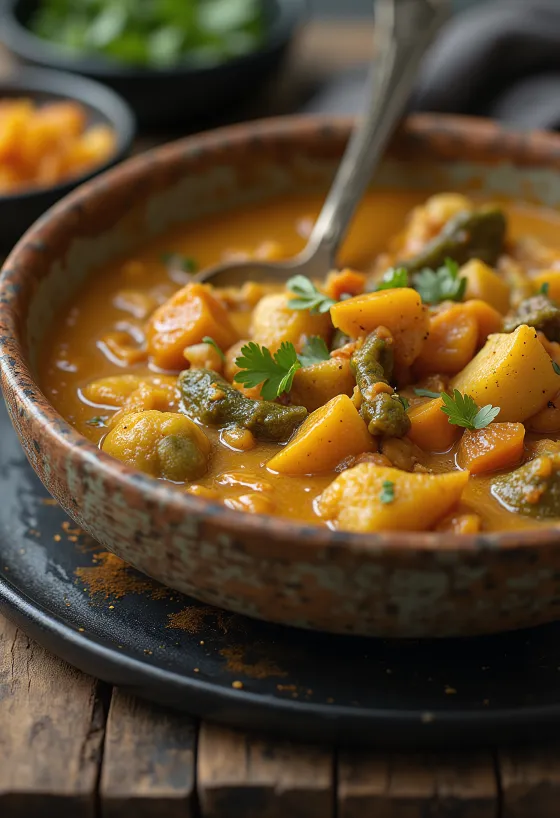 Veganski curry s sočno zelenjavo in okrašen s svežim koriandrom