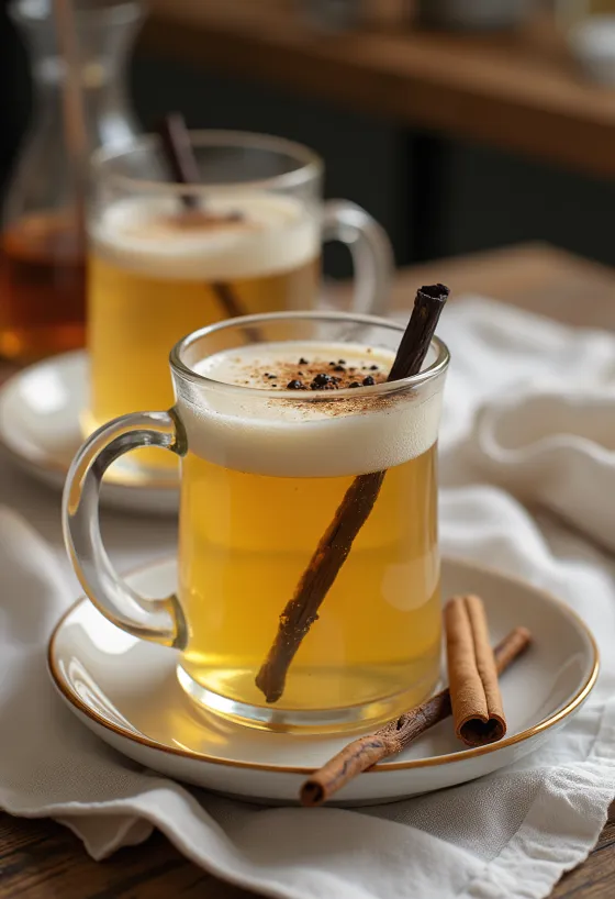Medeni vanilijev cider postrežen v kozarcu