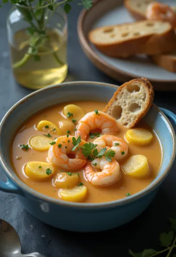 Chupe de camarones, postrežen z bogato juho iz rakov in koruze.