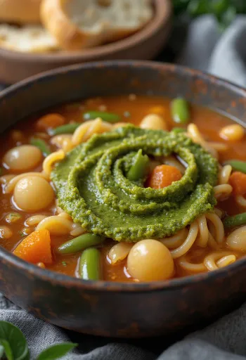 Minestrone alla genovese, postrežen s svežo zelenjavo in pestom