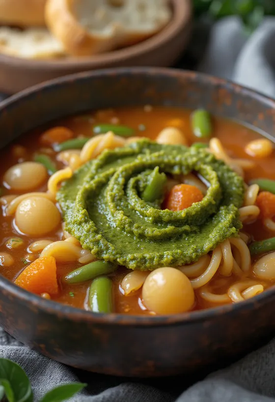 Minestrone alla genovese, postrežen s svežo zelenjavo in pestom
