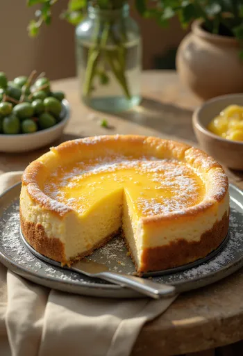 Nemška skutina torta z mehkim nadevom, posuta s sladkorjem v prahu