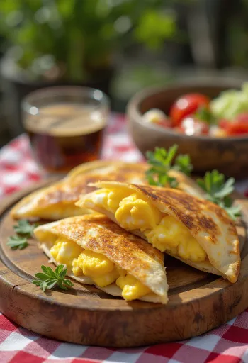 Quesadilla, polnjena z jajcem in sirom, narezana na rezine, hrustljavo pečena
