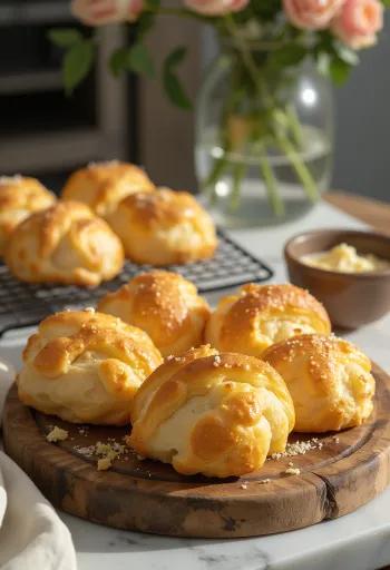 Zlato rjavo pečeni sirni pufki s hrustljavo skorjico in mehko sredico, postreženi na pladnju.