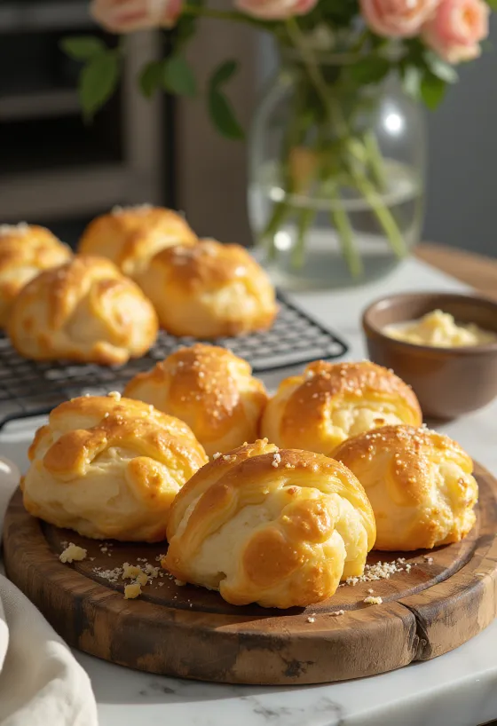 Zlato rjavo pečeni sirni pufki s hrustljavo skorjico in mehko sredico, postreženi na pladnju.