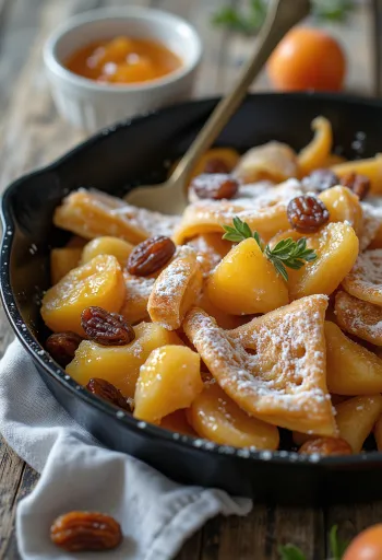 Šmorn postrežen s sladkorjem v prahu in marelično marmelado
