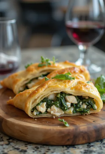 Spanakopita s piščancem, z zlato rjavim, hrustljavim testom in bogatim nadevom iz špinače in piščančjega mesa