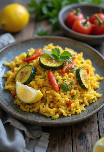 Veganska paella z zelenjavo, postrežena