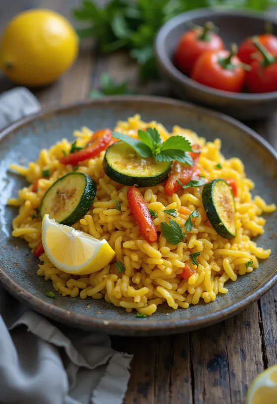 Veganska paella z zelenjavo, postrežena