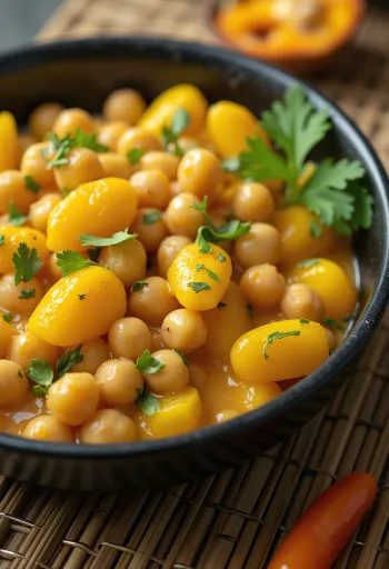 Ackee in čičerika v skledi, postrežena z zelenjavo in kokosovim mlekom