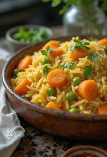 Biryani z zelenjavo, bogata, začinjena zelenjava in basmati riž, okrašen s svežim koriandrom in meto.