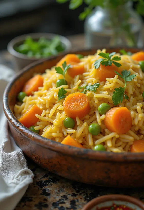 Biryani z zelenjavo, bogata, začinjena zelenjava in basmati riž, okrašen s svežim koriandrom in meto.