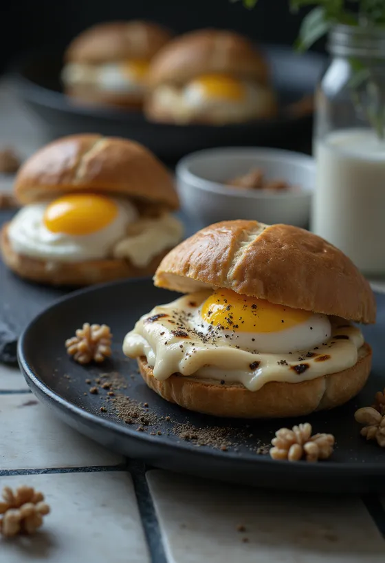 Bao bun z orehovo kremo in pečenim jajčevcem postrežen