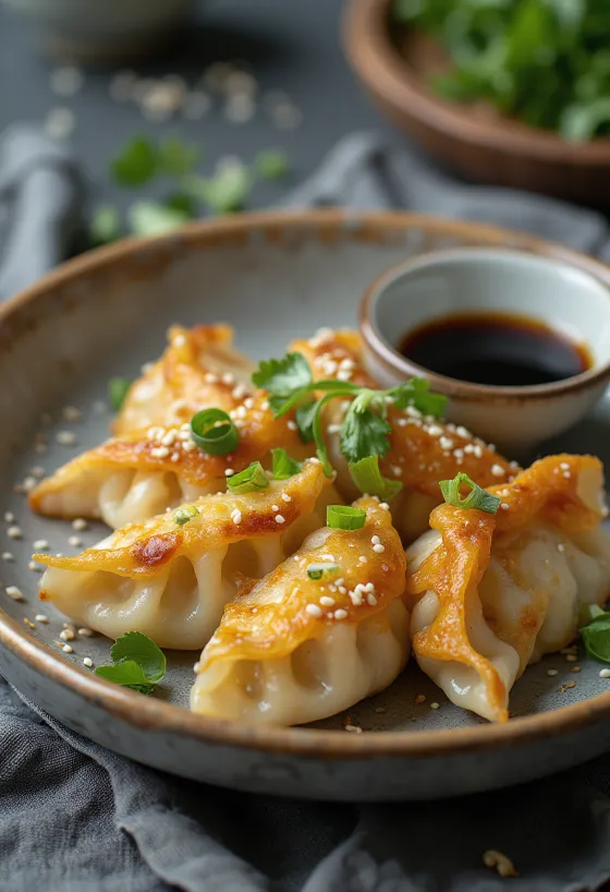 Sveža, hrustljava gyoza z mlado čebulo, postrežena s sojino pomako