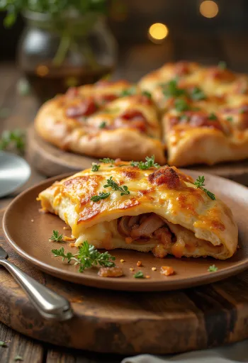 Mesna calzone pizza zlato rjavo pečena, postrežena s svežo solato