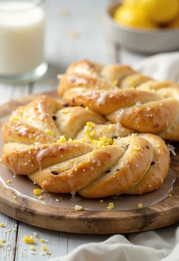 Kringle z limono in makom, postrežen kot pleten venec, zlato rjave skorje