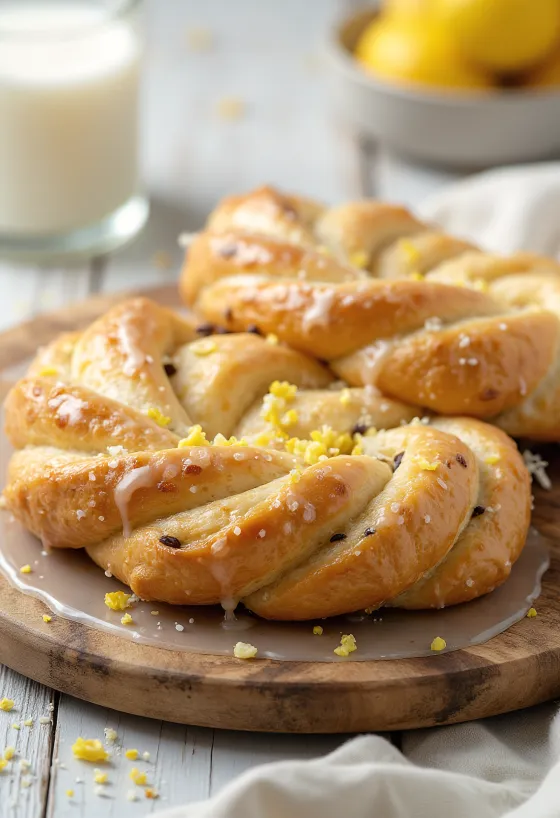 Kringle z limono in makom, postrežen kot pleten venec, zlato rjave skorje