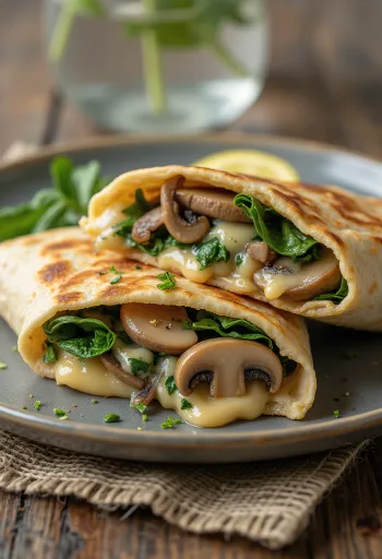 Špinačni wrap z gobami, sveže postrežen, pečen do zlato rjave barve.