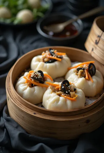 Postrežen bao bun s školjkami in koriandrom