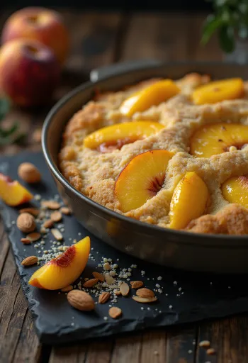 Makova torta z breskvami, postrežena