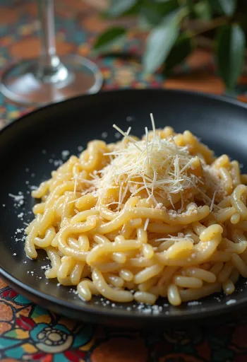 Italijanska rižota kremaste teksture, okrašena s siri in začimbami