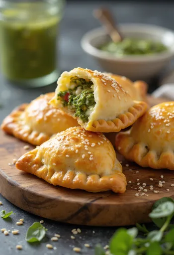 Zlato rjava empanada s pestom na krožniku