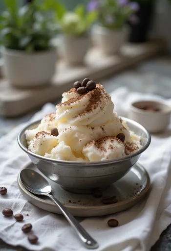 Tiramisu bingsu, kremast tiramisu, posut s kakavom v prahu, postrežen z ledenimi kosmiči.